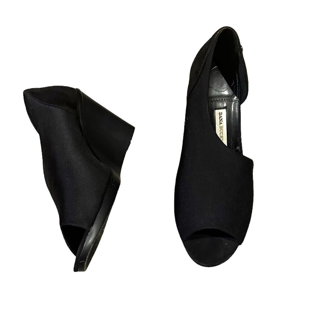 Dana Buchman Pira Stretch Heels Shoes Wedges Womens 6 Black Open Toe Slip On